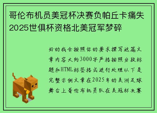 哥伦布机员美冠杯决赛负帕丘卡痛失2025世俱杯资格北美冠军梦碎