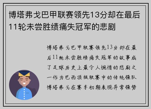博塔弗戈巴甲联赛领先13分却在最后11轮未尝胜绩痛失冠军的悲剧